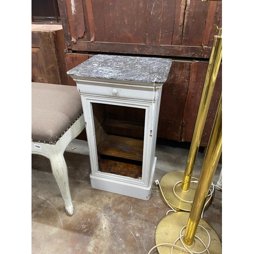 1006 - A 19th century French painted black marble topped bedside cabinet, (lacking door), width 42cm, depth... 