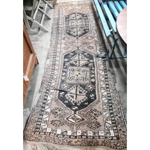 1025 - A Caucasian blue ground runner (a/f), 300 x 94cm together with a North West Persian style machined b... 