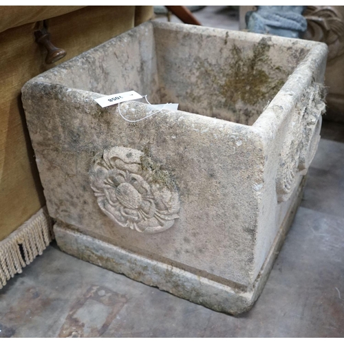 1063 - A pair of square reconstituted stone Fleurs de Lys garden planters, width 45cm, height 42cm