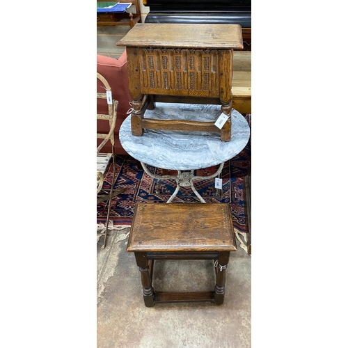 1089 - An 18th century style oak box seat stool, width 47cm, together with a smaller 18th century style oak... 