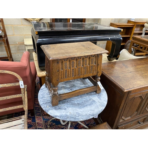 1089 - An 18th century style oak box seat stool, width 47cm, together with a smaller 18th century style oak... 