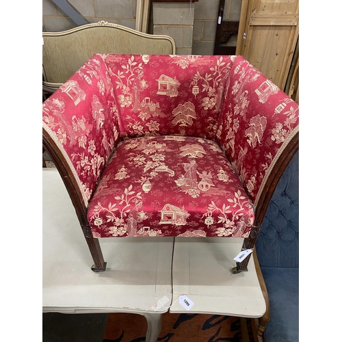 1098 - An Edwardian mahogany square frame upholstered armchair, width 71cm, depth 58cm, height  66cm