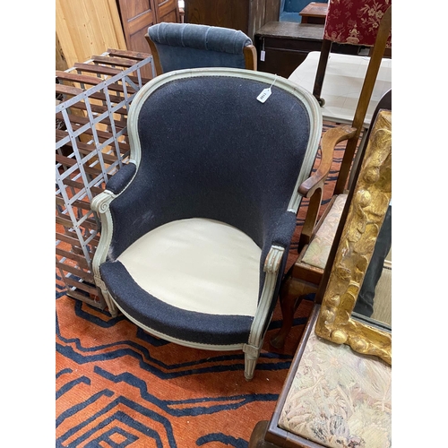 1102 - A painted French style upholstered tub frame armchair, (lacks seat cushion) width 70cm, depth 58cm, ... 