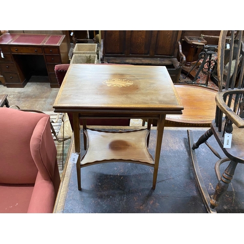 1113 - An Edwardian inlaid mahogany rectangular folding tea table, width 51cm, depth 38cm, height 65cm... 