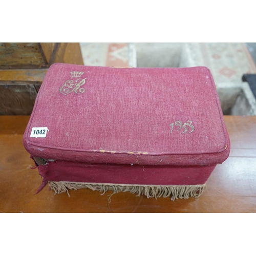 1126 - An Elizabeth II rectangular upholstered coronation footstool, width 42cm, depth 26cm, height 24cm... 