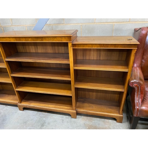 1138 - A mahogany open dwarf breakfront bookcase, width 213cm, depth 33cm, height 115cm