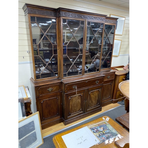 1162 - A George III style mahogany secretaire breakfront library bookcase, length 208cm, depth 50cm, height... 