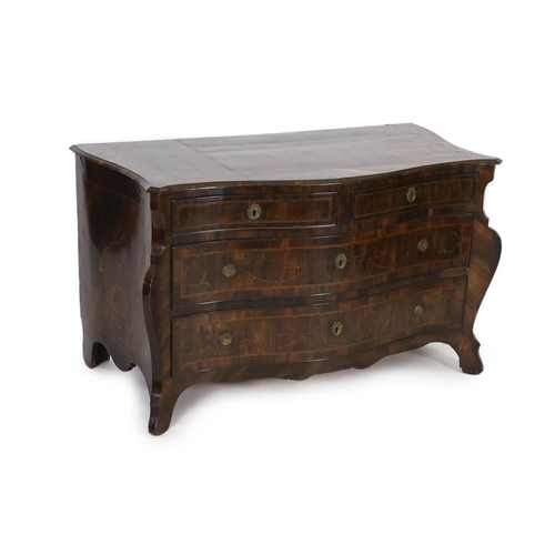 1163 - An 18th century North Italian marquetry inlaid kingwood serpentine commode, fitted two short and two... 