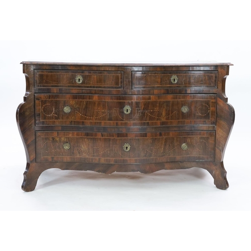 1163 - An 18th century North Italian marquetry inlaid kingwood serpentine commode, fitted two short and two... 