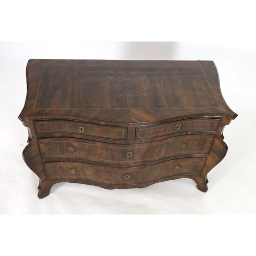 1163 - An 18th century North Italian marquetry inlaid kingwood serpentine commode, fitted two short and two... 