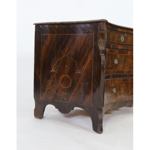 1163 - An 18th century North Italian marquetry inlaid kingwood serpentine commode, fitted two short and two... 