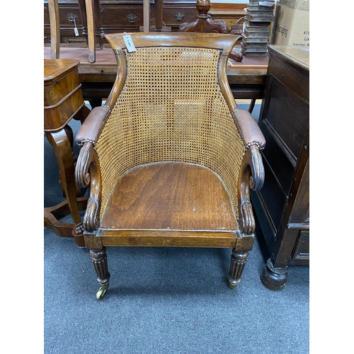 1183 - A Regency rosewood bergere armchair with later wood seat, width 62cm, depth 51cm, height 91cm