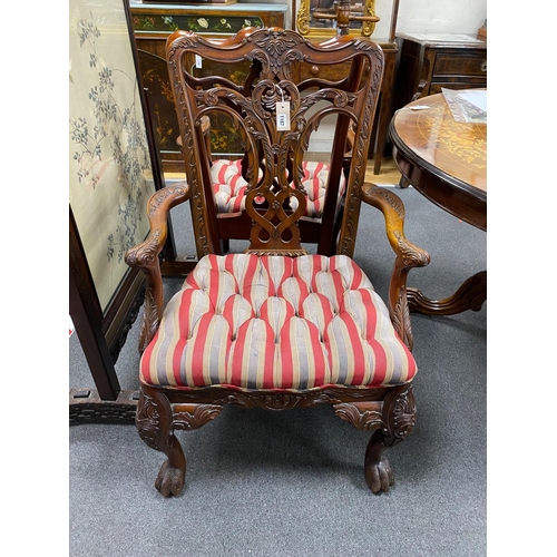 1187 - A pair of George III style mahogany elbow chairs, width 65cm, depth 50cm, height 106cm