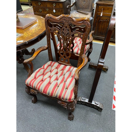 1187 - A pair of George III style mahogany elbow chairs, width 65cm, depth 50cm, height 106cm