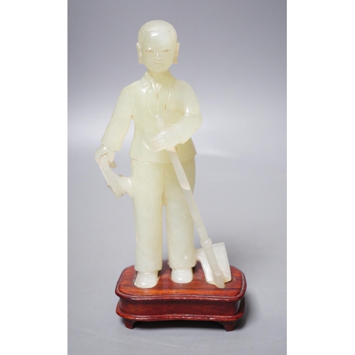 1253 - A Chinese carved bowenite jade figure of a worker on hardwood stand, 19cm