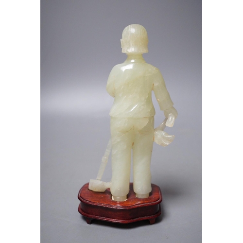 1253 - A Chinese carved bowenite jade figure of a worker on hardwood stand, 19cm