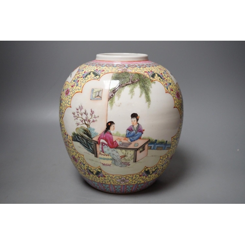 1256 - A Chinese yellow ground famille rose jar, Republic Period, 22cm