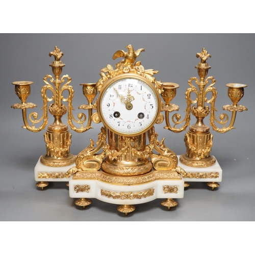 1274 - A French ormolu and alabaster clock garniture, 27cm