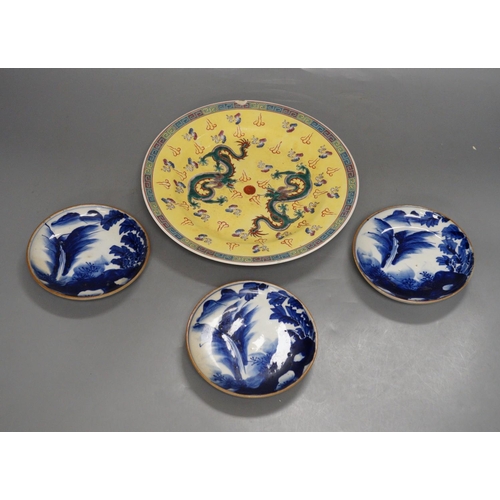 1280 - Three Japanese Arita dishes and a Chinese dragon plate, largest 23cm diameter