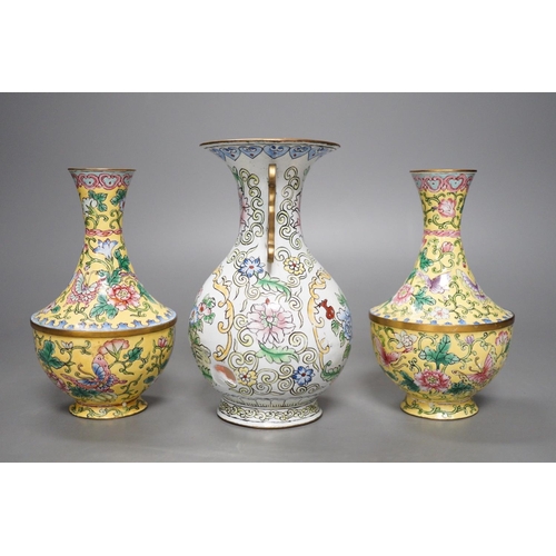 1288 - A pair of Chinese Guangzhou yellow enamel vases and another similar vase,tallest 15cms high.... 