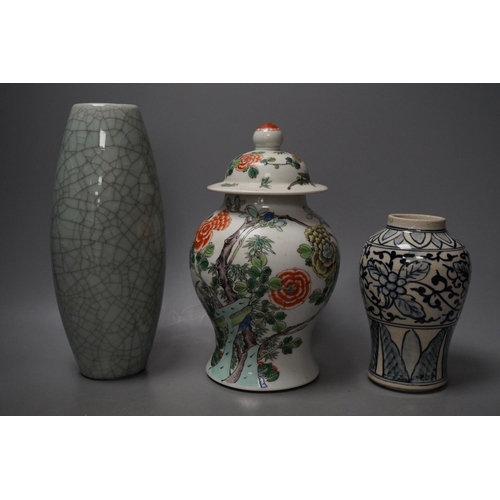 1290 - A late 19th century Chinese famille verte jar and cover, together with other Chinese and Japanese ce... 