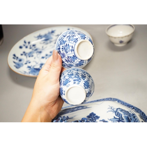 1293 - An 18th century Chinese blue and white dish, 29cm diameter, a similar lid and three tea bowls