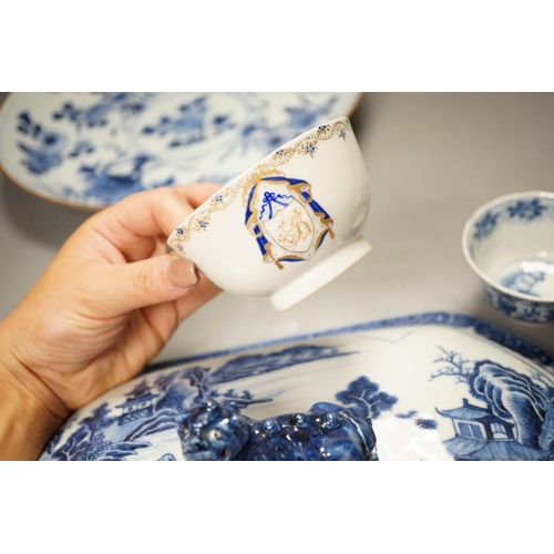 1293 - An 18th century Chinese blue and white dish, 29cm diameter, a similar lid and three tea bowls