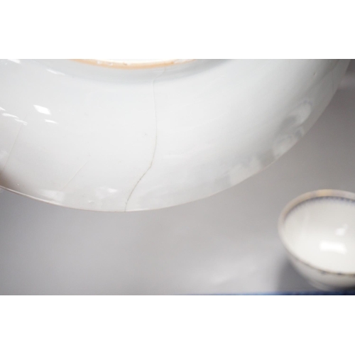 1293 - An 18th century Chinese blue and white dish, 29cm diameter, a similar lid and three tea bowls