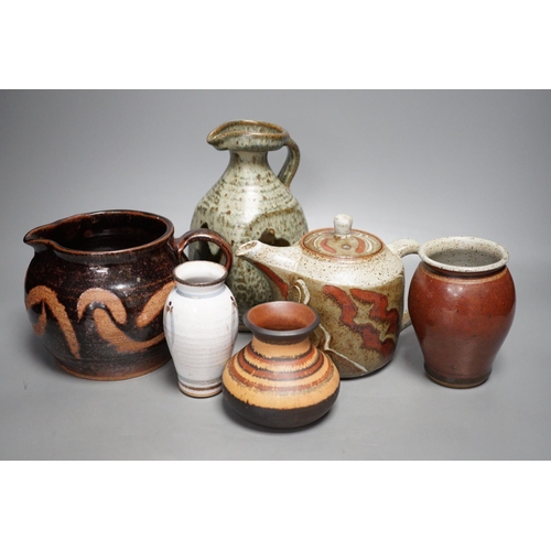 1297 - A group of Studio pottery vessels, to include a Thomas Plowman jug, 20cm tall