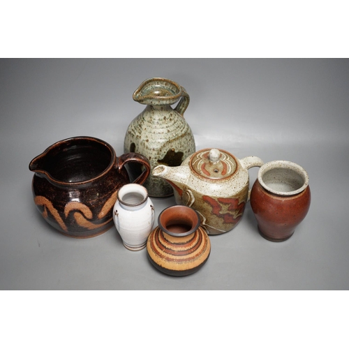 1297 - A group of Studio pottery vessels, to include a Thomas Plowman jug, 20cm tall