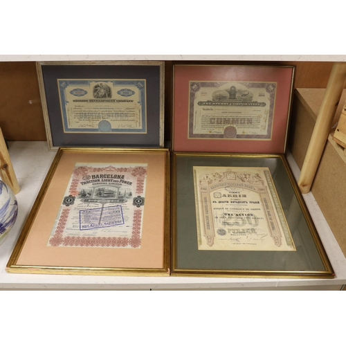 1302 - Four framed Share Certificates: one Siberian, two USA and one Spainish.