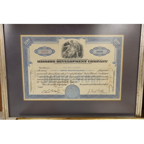 1302 - Four framed Share Certificates: one Siberian, two USA and one Spainish.