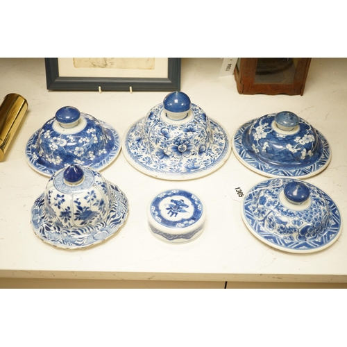 1305 - Six Chinese Kangxi blue and white vases and jar covers, largest 21.5cm diameter.Provenance - D.C.Mon... 