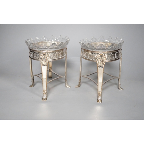 1308 - A pair of silver plated & cut glass sweetmeat dishes on stands,13 cms high,