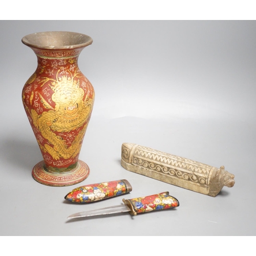 1312 - Am Islamic alabaster scribes box, a lacquered brass vase and a Persian knife, tallest 24cm