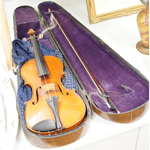 1313 - A violin with interior label reading Copy of Richard Duke Fecit Dresdae: Anno 1889 together with r... 