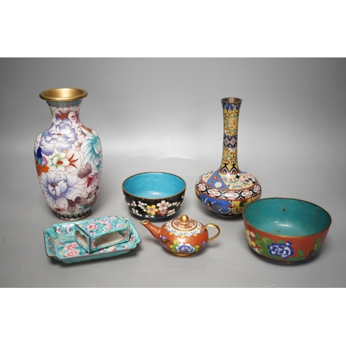 1323 - A group of Chinese cloisonné enamel and Guangzhou enamel wares, tallest 19cm