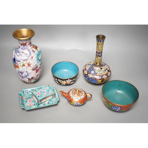 1323 - A group of Chinese cloisonné enamel and Guangzhou enamel wares, tallest 19cm