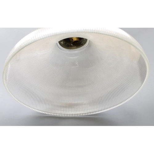 1331 - A clear ribbed glass shaded and brass pendant light,shade 37.5 cms diameter.