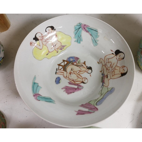 1337 - A Chinese famille charger, three vases and a plate, together with other Chinese and Japanese ceramic... 