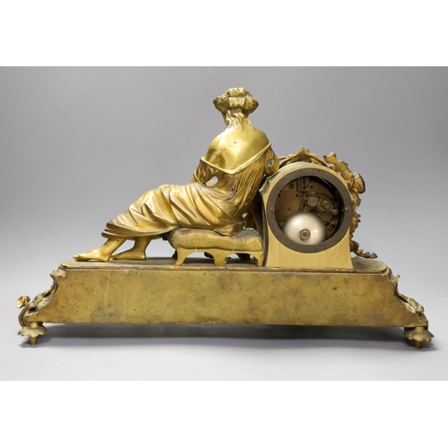 1344 - A 19th century French gilt metal figural mantel clock, with porcelain floral panels,30cms high.... 