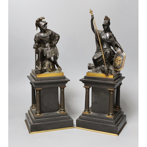 1347 - A pair of late 19th century bronze classical revival figures of a Roman god and goddess, black slate... 