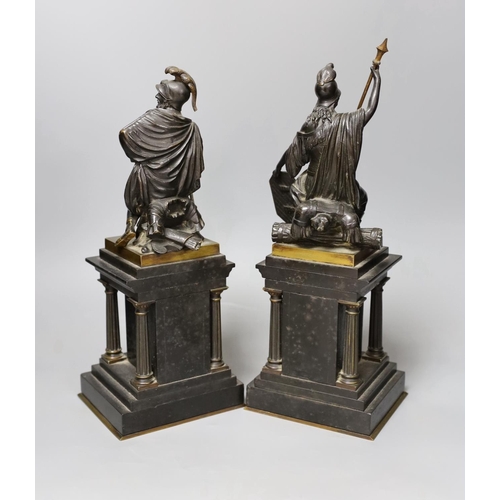 1347 - A pair of late 19th century bronze classical revival figures of a Roman god and goddess, black slate... 