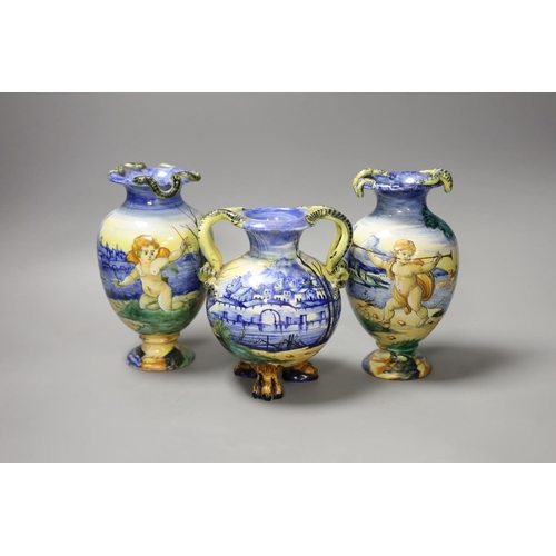 1350 - A pair of Italian maiolica vases, by Cantagalli and a similar two handled vase, cockerel marks,pair ... 