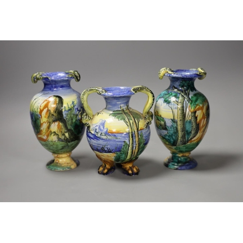 1350 - A pair of Italian maiolica vases, by Cantagalli and a similar two handled vase, cockerel marks,pair ... 