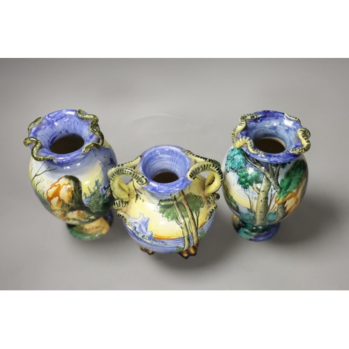 1350 - A pair of Italian maiolica vases, by Cantagalli and a similar two handled vase, cockerel marks,pair ... 