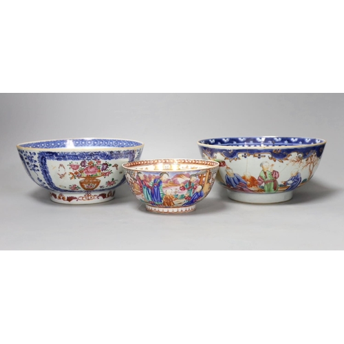 1351 - Three 18th century Chinese export famille rose bowls (two a/f)largest bowl 19.5 cms diameter,... 