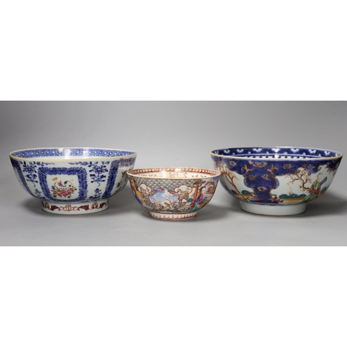 1351 - Three 18th century Chinese export famille rose bowls (two a/f)largest bowl 19.5 cms diameter,... 