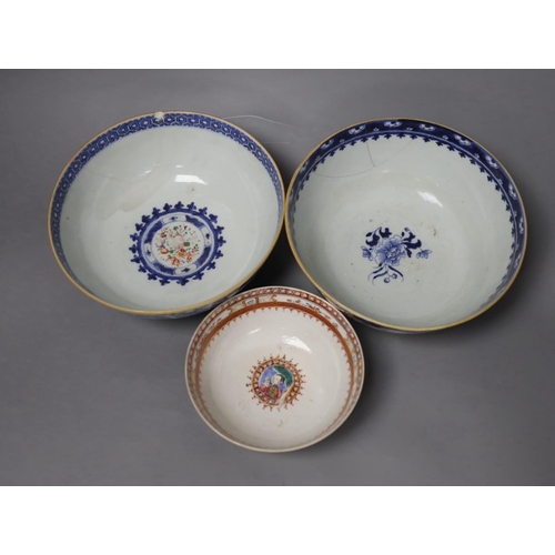 1351 - Three 18th century Chinese export famille rose bowls (two a/f)largest bowl 19.5 cms diameter,... 