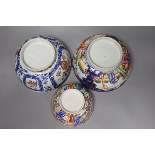 1351 - Three 18th century Chinese export famille rose bowls (two a/f)largest bowl 19.5 cms diameter,... 